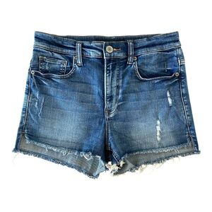 Express High-Rise Vented Side Jean Shorts – Medium Blue + Distressed Size 6